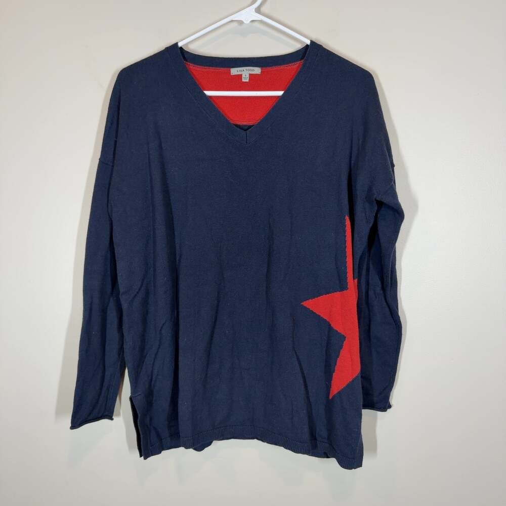 Lisa Todd Navy Blue Sweater Women's Size S Red Star V-Neck Cotton Blend Cashmere